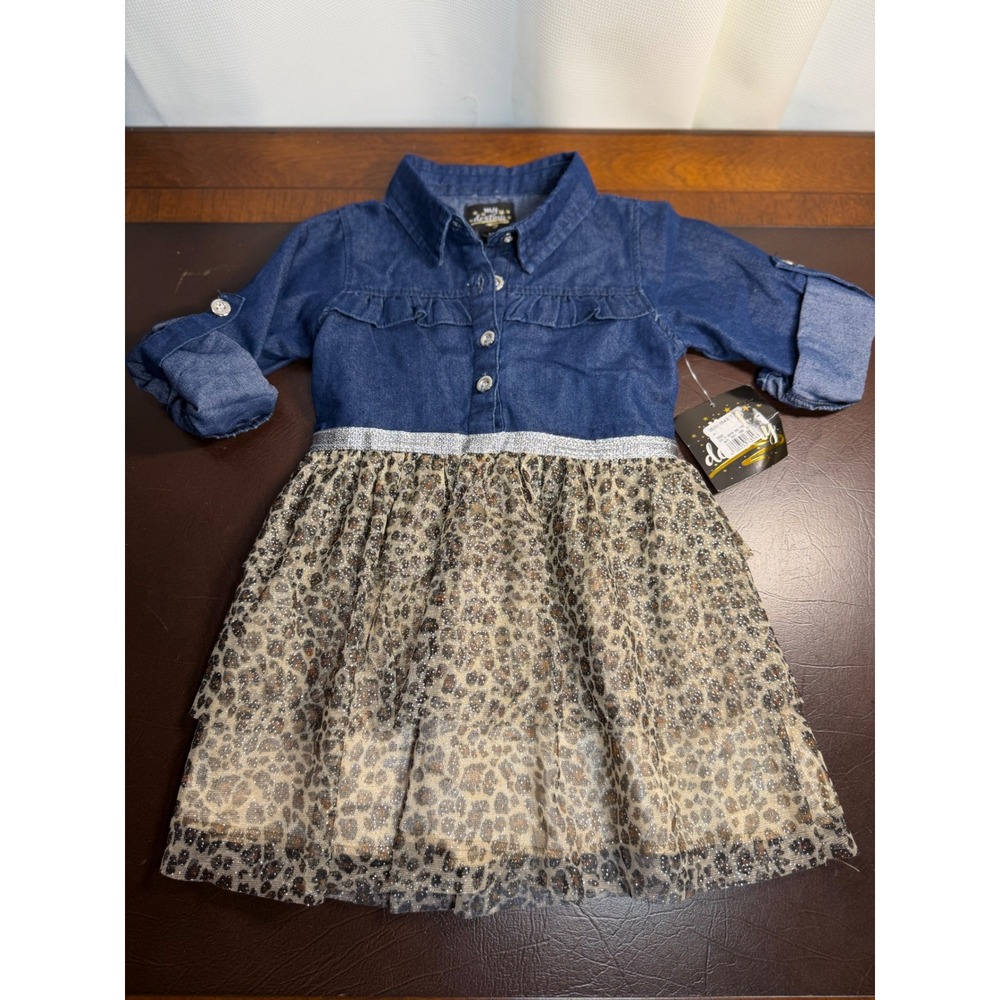 My Destiny Girls Denim and Leopard Tulle Tiered Dress 2T Blue Tan 35020 NWT
